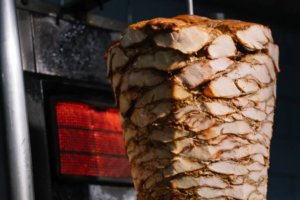 Chicken doner kebab prepared by stacking layers of meat.