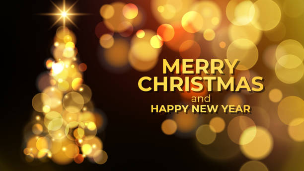 istock Merry Christmas and Happy New Year celebration banner. Festive background for holiday greetings and Christmas invitations. Christmas tree and bright blurred bokeh lights. 2178651002
