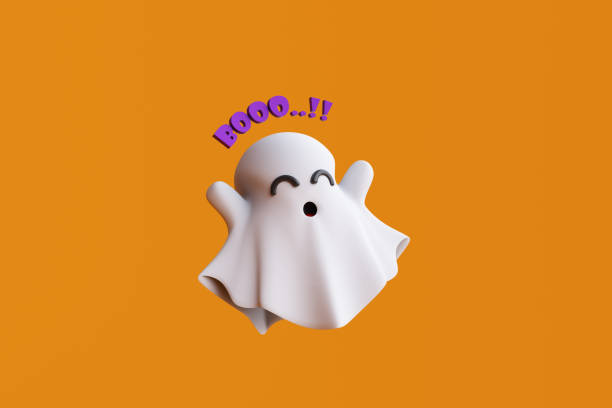 istock Simple halloween cartoon ghost on orange background. 2178651420