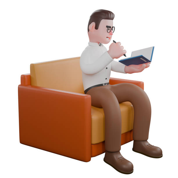 Sociologist in 3D. A male sociologist is sitting on a sofa while writing in a book he is holding. Societal