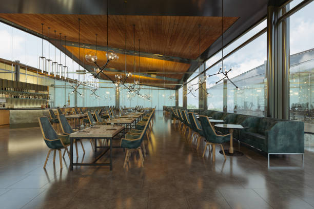 istock Luxury Restaurant Interior With Sofas, Chairs, Dining Tables And Pendant Lights 2178655999