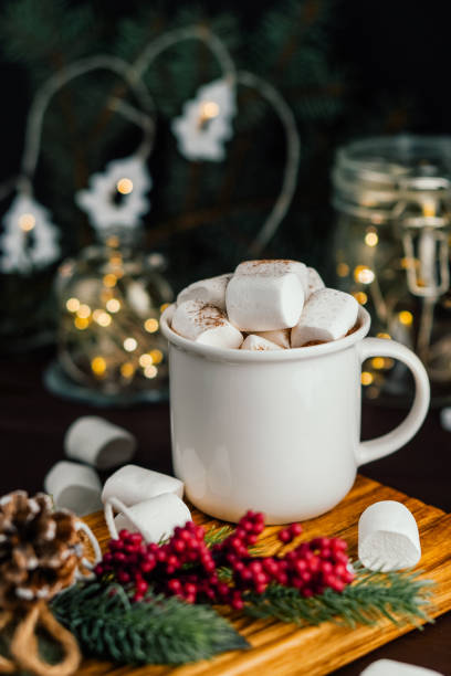 istock Christmas drink hot chocolate with marshmallows at festive illuminated decoration. Selective focus 2178657926