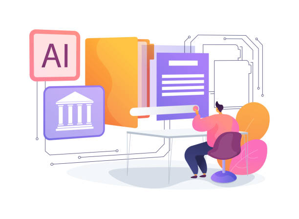 AI-Enhanced E-Discovery abstract concept vector illustration. AI-Enhanced E-Discovery abstract concept vector illustration. Legal Services. Document review and classification. Build case narrative and prepare for trial. AI Technology. abstract metaphor. mediation icon stock illustrations