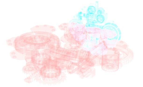 Colorful abstract mechanical system with gears and chains. Cut out on white background