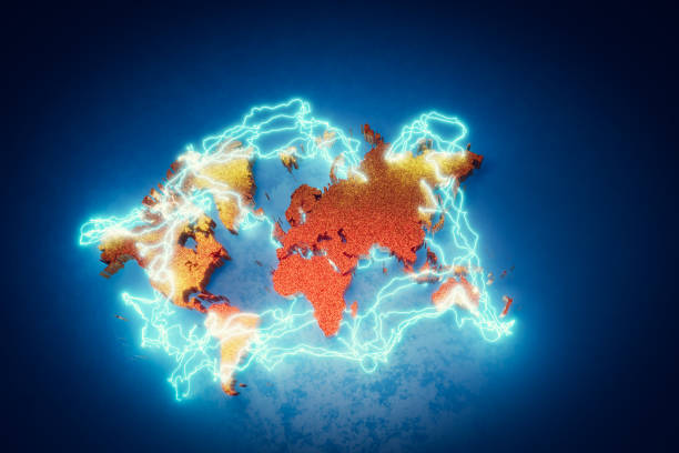 World map illuminated by electric pulses representing energy and power.