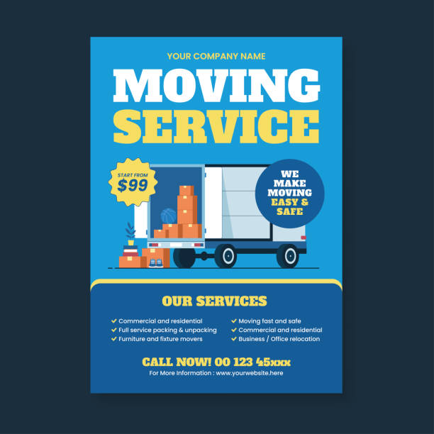 illustrazioni stock, clip art, cartoni animati e icone di tendenza di modello di volantino di servizio in movimento - addetto ai traslochi