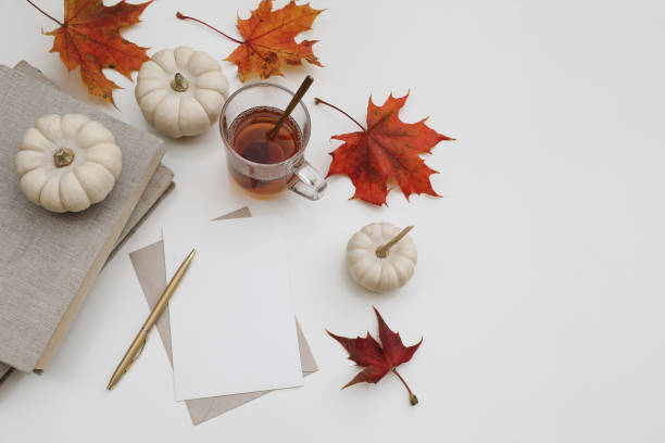 istock Autumn stationery. Blank greeting card, invitation mockup. White pumpkins, red orange maple leaves isolated on table background. Fall morning breakfast scene. Glass cup of hot tea, golden pen Top view 2178662002