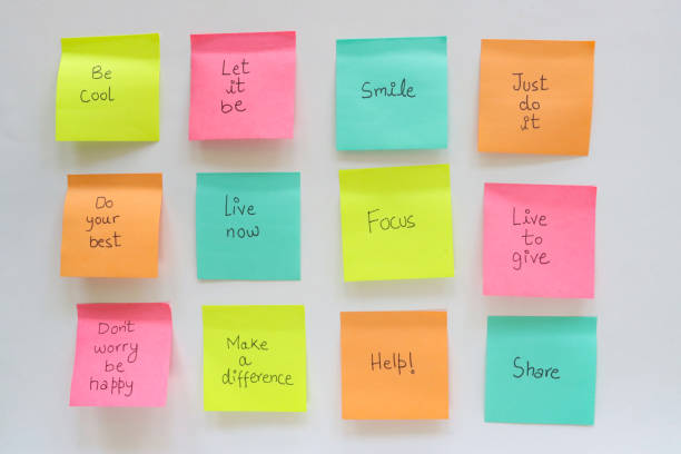 Stock photo showing close-up view of wall with twelve multicoloured adhesive notes stuck in three rows, with motivational quote words and phrases, 'be cool', 'let it be', 'smile', 'just do it', 'do your best', 'live now', 'focus' 'live to give', 'don't worry be happy', 'make a difference', 'help!' and 'share', written in black ball point pen. Inspiration and motivation concept.