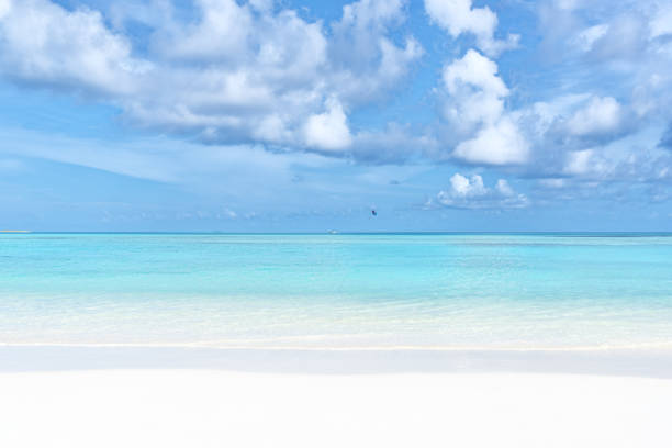 White sand beach and tropical turquoise sea with sunny blue sky