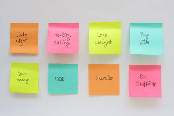 istock Close-up image of multicoloured sticky notes neatly stuck to white wall, two rows of eight adhesive papers with things to do and reminders written in black ball point pen, orange, pink, yellow and turquoise blue paper squares, organisation concept 2178666657