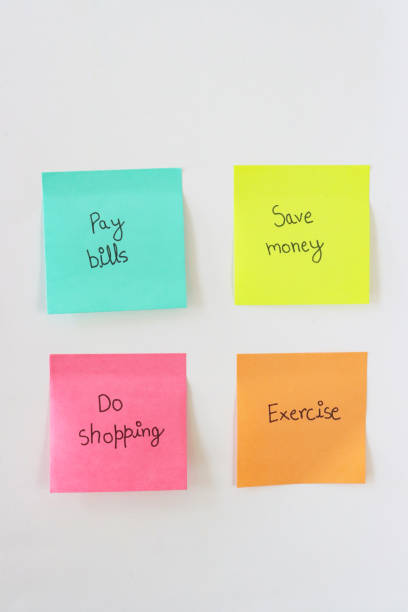 istock Close-up image of multicoloured sticky notes neatly stuck to white wall, two rows of two adhesive papers with things to do and reminders written in black ball point pen, turquoise blue, yellow, pink and orange paper squares, organisation concept 2178666663