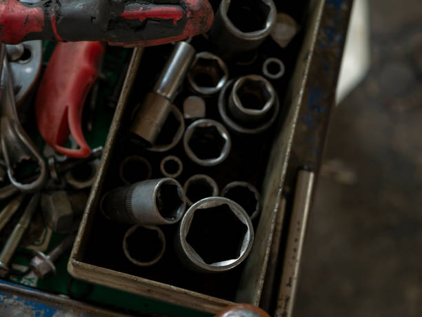 istock Mechanic tools engineering equipment car auto repair shop with copy space. Blurred background mechanical service. Heavy screw grungy rusted wrenches dirty screwdriver object. Industrial hardware set 2178668195