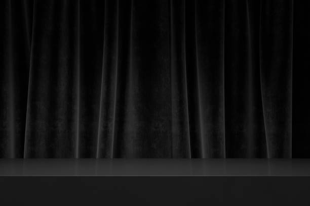 istock Black velvet curtain background with empty stage table platform. Showcase interior podium mockup for luxury product placement. Black friday, christmas and new year sale promotion template design. 2178672315