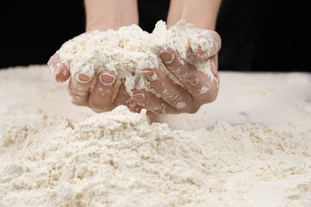 Baker working with white wheat flour, hands close-up