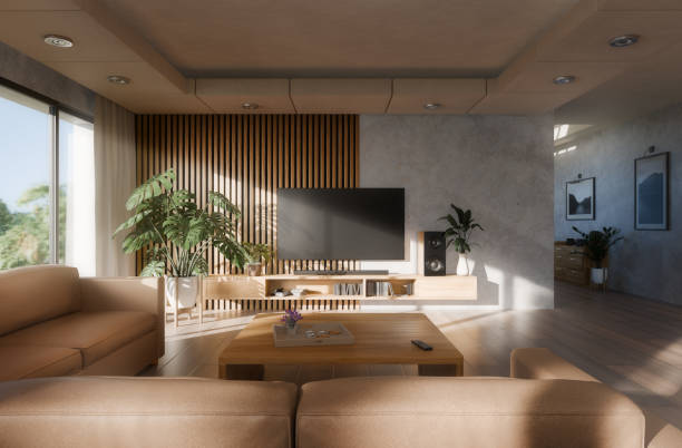istock Living room with sunlight streaming in featuring sofa and TV 2178676175