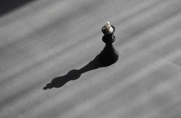A black chess king in soft sunlight and black shadow on a gray background, a lone candidate, career sunset, political loneliness, the fragility of power and the need for protection.
