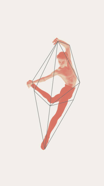 istock Athletic shirtless ballet dancer, man performing on light background with abstract geometric shapes. Contemporary art collage. 2178687743