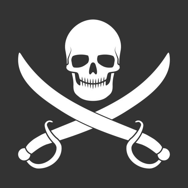 istock Skull and saber swords crossed. Pirate symbol sign. Jolly roger flag logo design. Vector illustration image. 2178693843