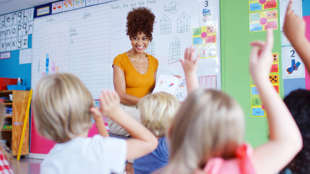 istock Elementary Pupils Raising Hands To Answer Question As Female Teacher Reads Story In Classroom 2178694040