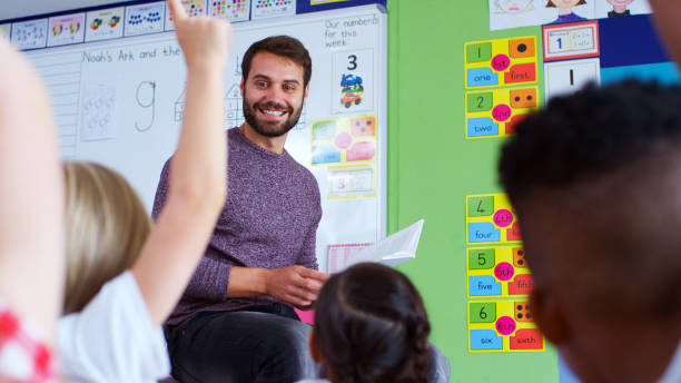 istock Elementary Pupils Raising Hands To Answer Question As Male Teacher Reads Story In Classroom 2178694132