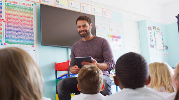 istock Male Teacher Holding Digital Tablet Teaches Group Of Uniformed Elementary Pupils In School Classroom 2178694357