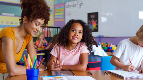 istock Elementary School Teacher And Female Pupil Drawing Using Digital Tablet In Classroom 2178694462