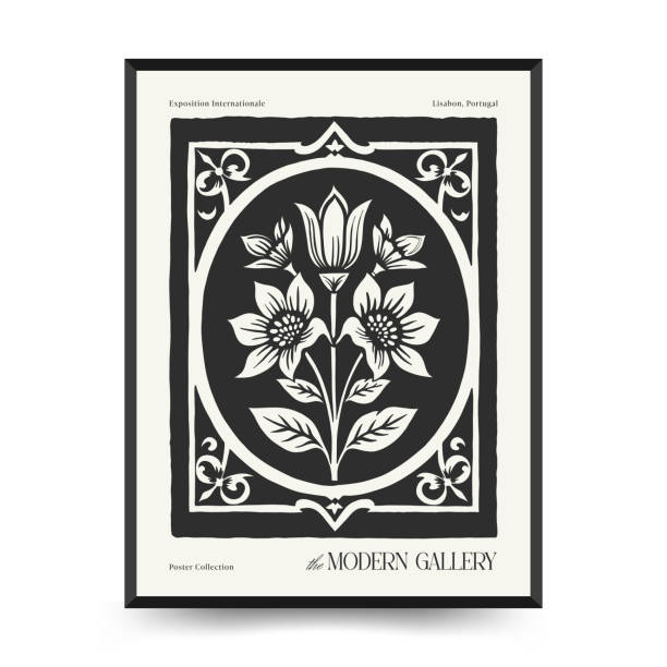 istock Abstract linocut floral posters template. Modern trendy minimal style. Black and white colors. Botanical blockprint. Hand drawn design for wallpaper, wall decor, print, postcard, cover, template. 2178697160