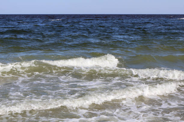 Seaside breakwaters protecting the shore of a beautiful sandy sea with washed-out waves