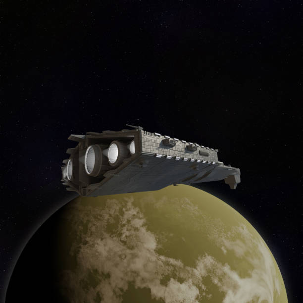 Science fiction illustration of a Light Spaceship Battle Cruiser travelling past a green planet in an alien solar system, 3d digitally rendered illustration