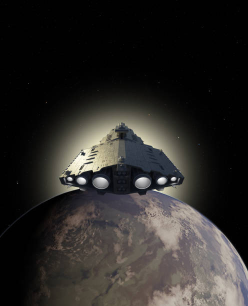 istock Light Spaceship Battle Cruiser Approaching a Blue Planet 2178713349