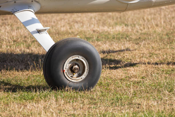 The wheel of a small plane standing on a meadow before take-off