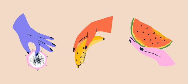 istock Hands holding dragon fruit, watermelon, banana. Hand drawn vector illustration for poster, card, print. Elements isolated on background. 2178715172