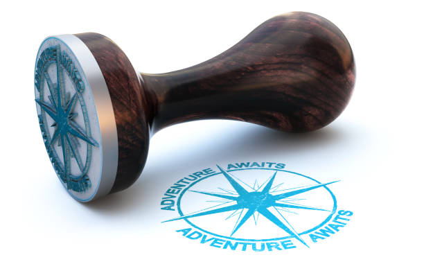 Rubber stamp with the text adventure awaits over white background. 3d illustration.