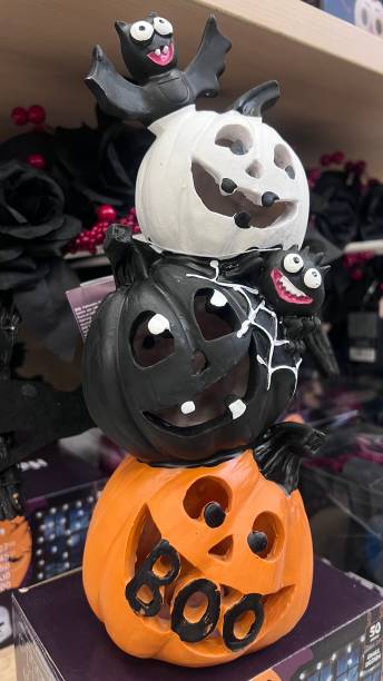 istock Halloween decorations on a store shelf. Vertical video. Pumpkins 2178718206