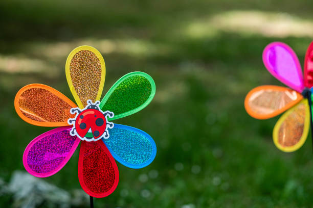 small colorful windmill in nature, with a ladybug in the middle