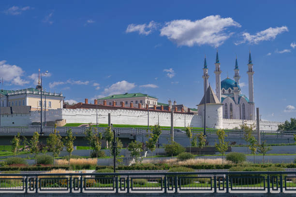 Kazan, Russia; September 6 2024: Kazan Kremlin seen from the Kazanka river, with blue sky background