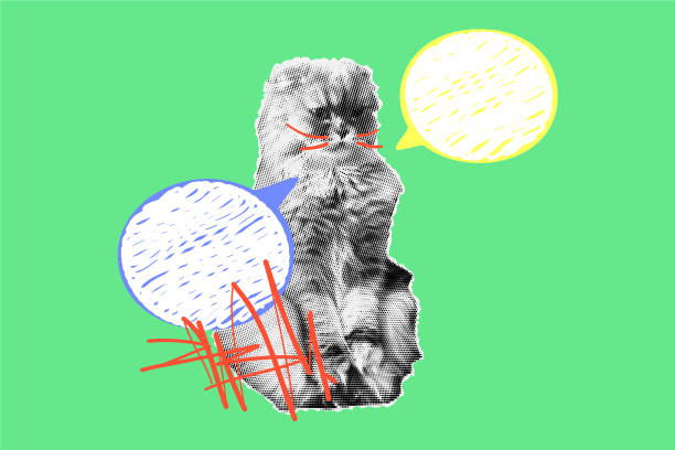 istock Funny pet with a halftone effect stands on its hind legs surrounded by speech bubbles and hand drawn scribbles. Trendy illustration in retro collage style for advertising, fitbacks. 2178724824