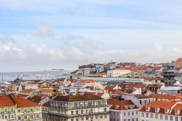 Lisbon downtown, on a sunny day with its characteristic buildings and the Tejo River in the background