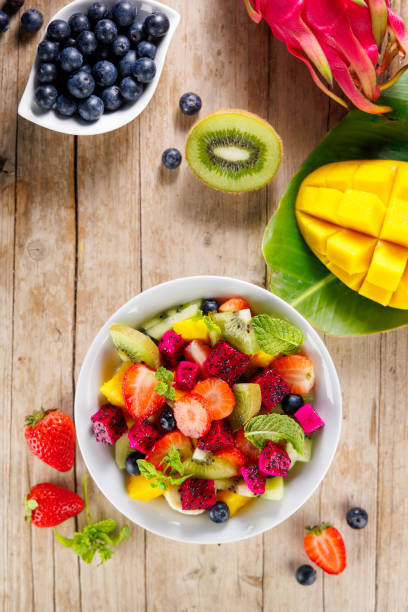 istock delicious exotic fruit salad with dragon fruit, mango, banana and blueberry 2178728341
