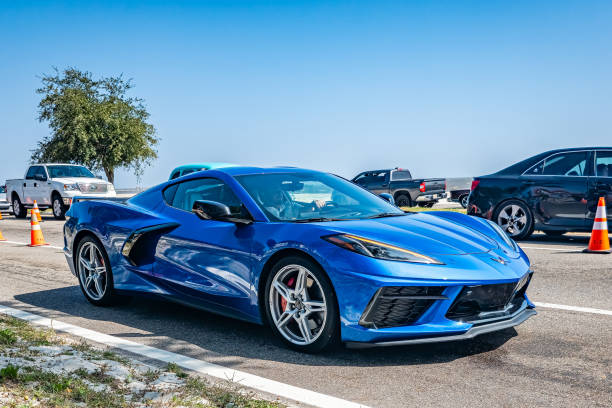 Gulfport, MS - October 03, 2023: High perspective front corner view of a 2023 Chevrolet Corvette Stingray Convertible at a local car show.