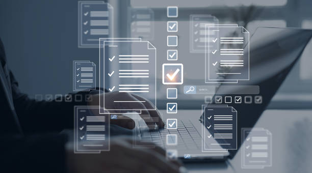 istock Businessman check virtual electronic documents and checklist approve.Business productivity checklist and filling survey form.Fast checklist and clipboard task management. 2178733113