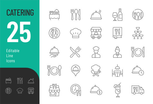 Catering line Editable Icons set. Vector illustration in modern thin line style of nourishment related icons: service, dish, table setting, and more. Pictograms and infographics for mobile apps restaurant sink stock illustrations