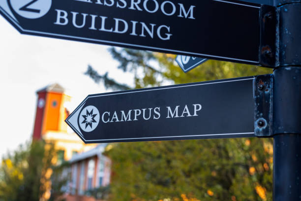 A black sign with the inscription "campus map" stock photo