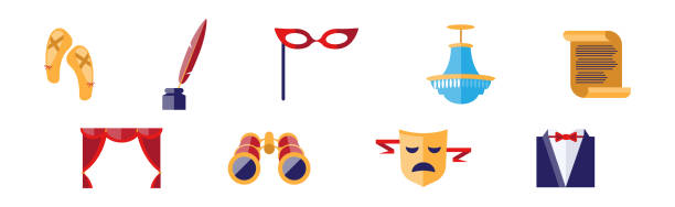 Theatre Acting Performance Flat Icons and Object Vector Set Theatre Acting Performance Flat Icons and Object Vector Set. Entertainment Show Element Concept clip art of scroll quill stock illustrations