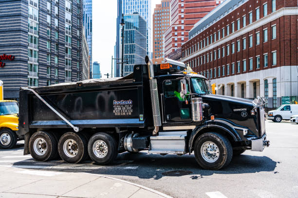New York City, USA - May 12, 2023: 2018 Kenworth T800 Dump Truck or lorry, side view.