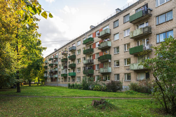 Riga, Latvia - October 12, 2024: Residential district Agenskalns in autumn. Soviet architecture