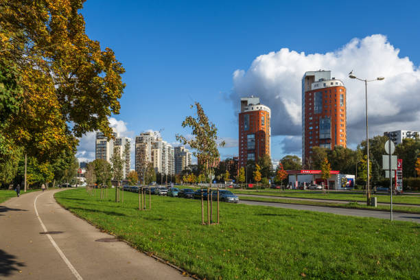 Riga, Latvia - October 12, 2024: Residential district Imanta in autumn. Anninmuizas Boulevard