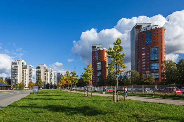 Riga, Latvia - October 12, 2024: Residential district Imanta in autumn. Anninmuizas Boulevard