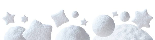 Snow elements footer, isolated on white background. Ideal for use in winter-themed designs, digital art, holiday promotions, seasonal graphic projects. Snowy stars, balls. Bottom border. 3D.