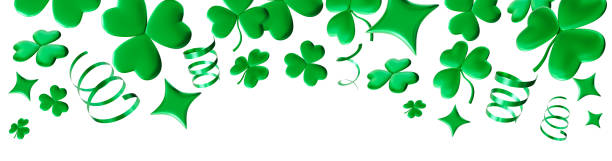 istock St. Patrick's Day themed header design featuring vibrant green clovers, stars, ribbons. This festive graphic element is perfect for digital projects, banners, event decorations. Irish culture. 3D. 2178745556